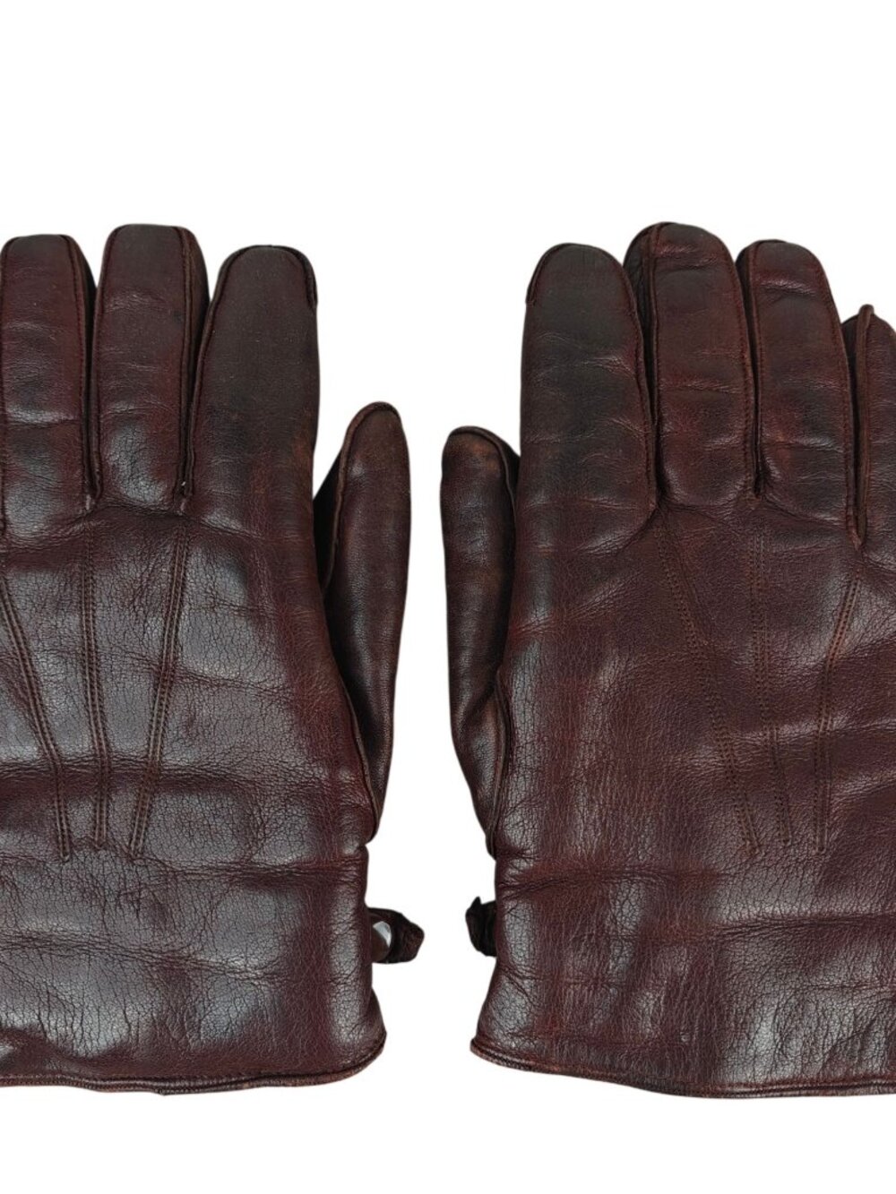 Vintage Men's Red Brown Leather Gloves Medium Fleece Lining Adjustable Strap